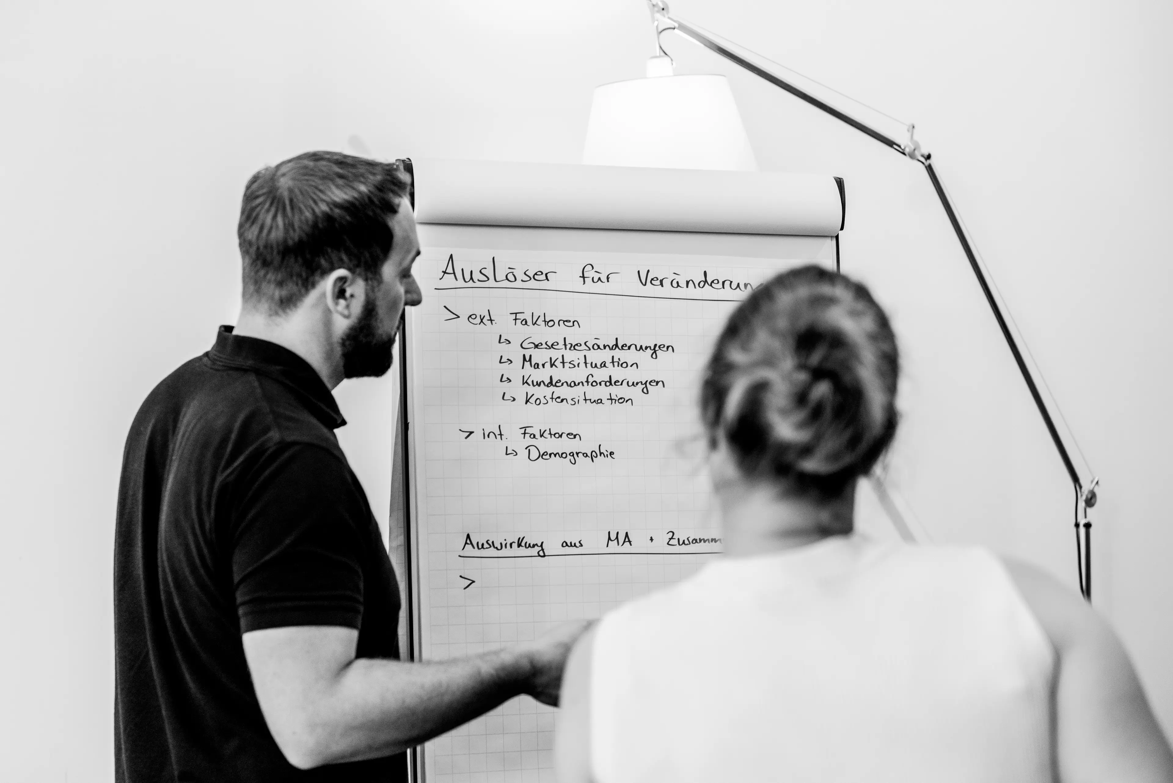 Zwei Personen mit dem Rücken zur Kamera gerichtet stehen vor einem Whiteboard, auf dem 'Auslöser für Veränderungen' und Spiegelstriche geschrieben stehen.